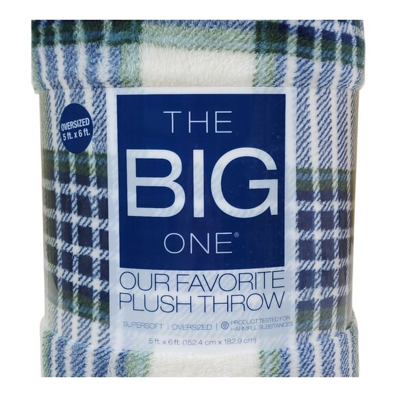 The Big One Navy Green Plaid Oversized Plush Throw Blanket 5x6 Ft Soft Polyester - Picture 4 of 9